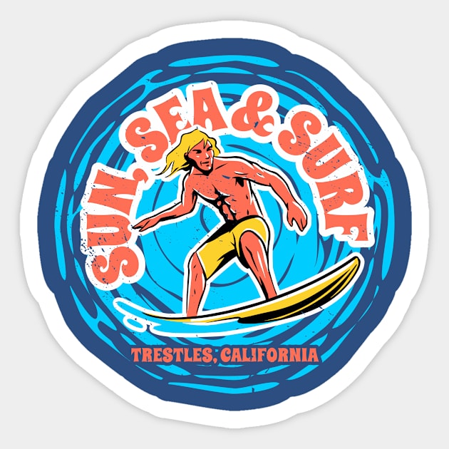 Vintage Sun, Sea & Surf Trestles, California // Retro Surfing // Surfer Catching Waves Sticker by Now Boarding